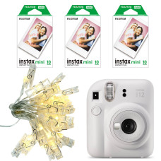 Fujifilm Instax Mini 12 Instant Camera with 3 Films & String of lights (Clay White)